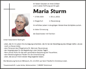 Anzeige von Maria Sturm von Schwäbische Zeitung