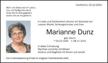 Anzeige von Marianne Dunz von Schwäbische Zeitung