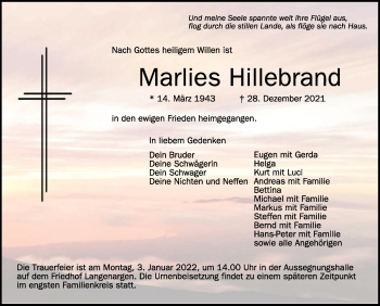 Anzeige von Marlies Hillebrand von Schwäbische Zeitung