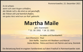 Anzeige von Martha Maile von Schwäbische Zeitung