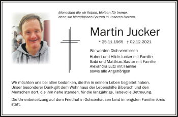 Anzeige von Martin Jucker von Schwäbische Zeitung