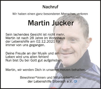 Anzeige von Martin Jucker von Schwäbische Zeitung