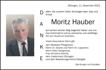 Anzeige von Moritz Hauber von Schwäbische Zeitung