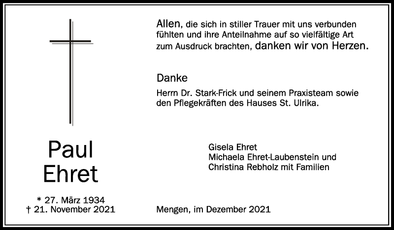  Traueranzeige für Paul Ehret vom 15.12.2021 aus Schwäbische Zeitung