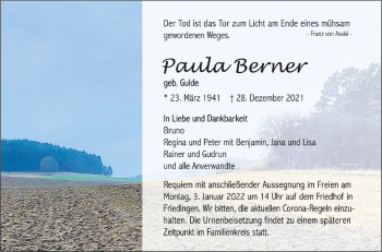 Anzeige von Paula Berner von Schwäbische Zeitung