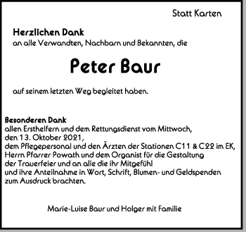 Anzeige von Peter Baur von Schwäbische Zeitung