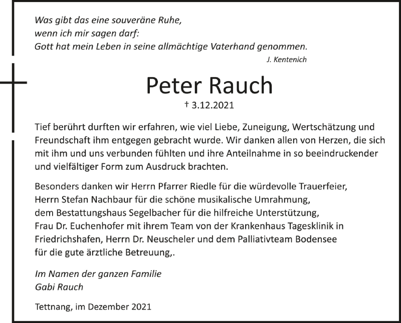  Traueranzeige für Peter Rauch vom 22.12.2021 aus Schwäbische Zeitung