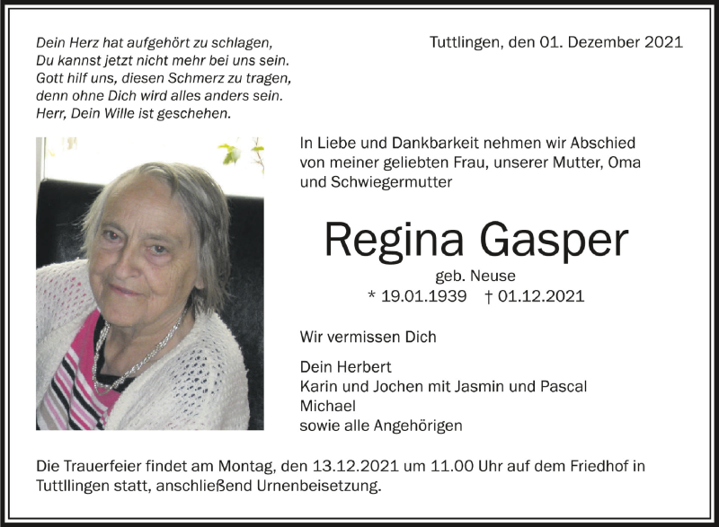  Traueranzeige für Regina Gasper vom 07.12.2021 aus Schwäbische Zeitung