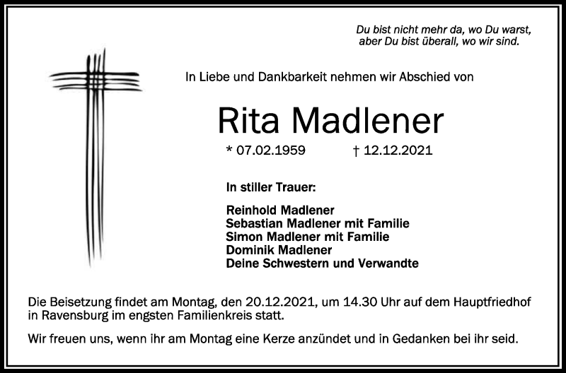  Traueranzeige für Rita Madlener vom 17.12.2021 aus Schwäbische Zeitung