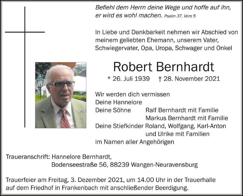  Traueranzeige für Robert Bernhardt vom 01.12.2021 aus Schwäbische Zeitung