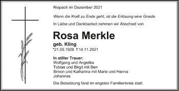 Anzeige von Rosa Merkle von Schwäbische Zeitung