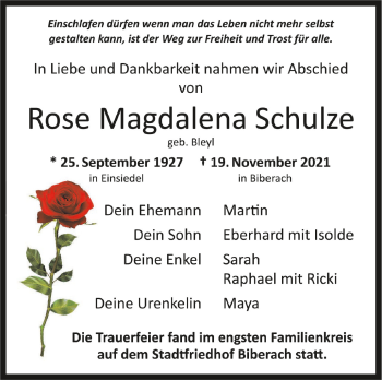 Anzeige von Rose Magdalena Schulze von Schwäbische Zeitung