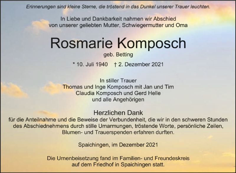  Traueranzeige für Rosmarie Komposch vom 18.12.2021 aus Schwäbische Zeitung