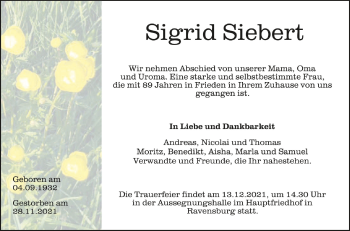 Anzeige von Sigrid Siebert von Schwäbische Zeitung