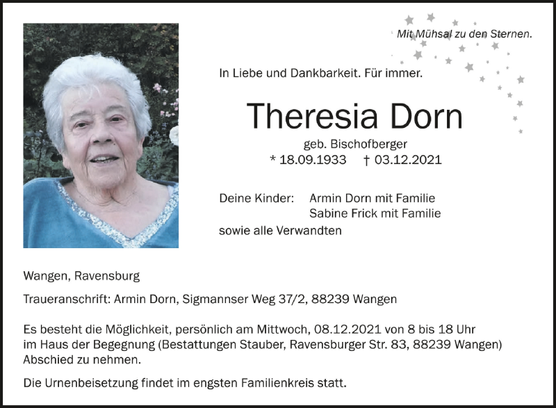  Traueranzeige für Theresia Dorn vom 07.12.2021 aus Schwäbische Zeitung