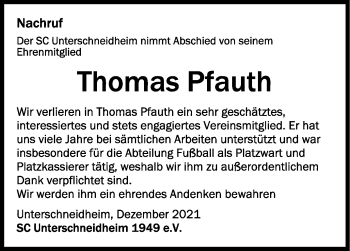 Anzeige von Thomas Pfauth von Schwäbische Zeitung