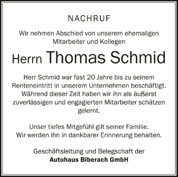 Anzeige von Thomas Schmid von Schwäbische Zeitung