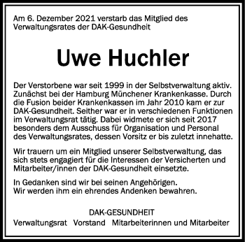 Anzeige von Uwe Huchler von Schwäbische Zeitung