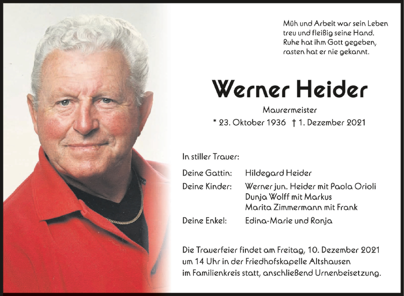  Traueranzeige für Werner Heider vom 07.12.2021 aus Schwäbische Zeitung