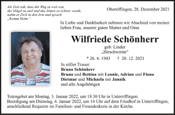 Anzeige von Wilfriede Schönherr von Schwäbische Zeitung