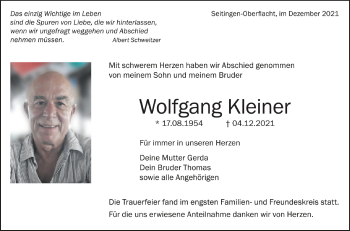 Anzeige von Wolfgang Kleiner von Schwäbische Zeitung