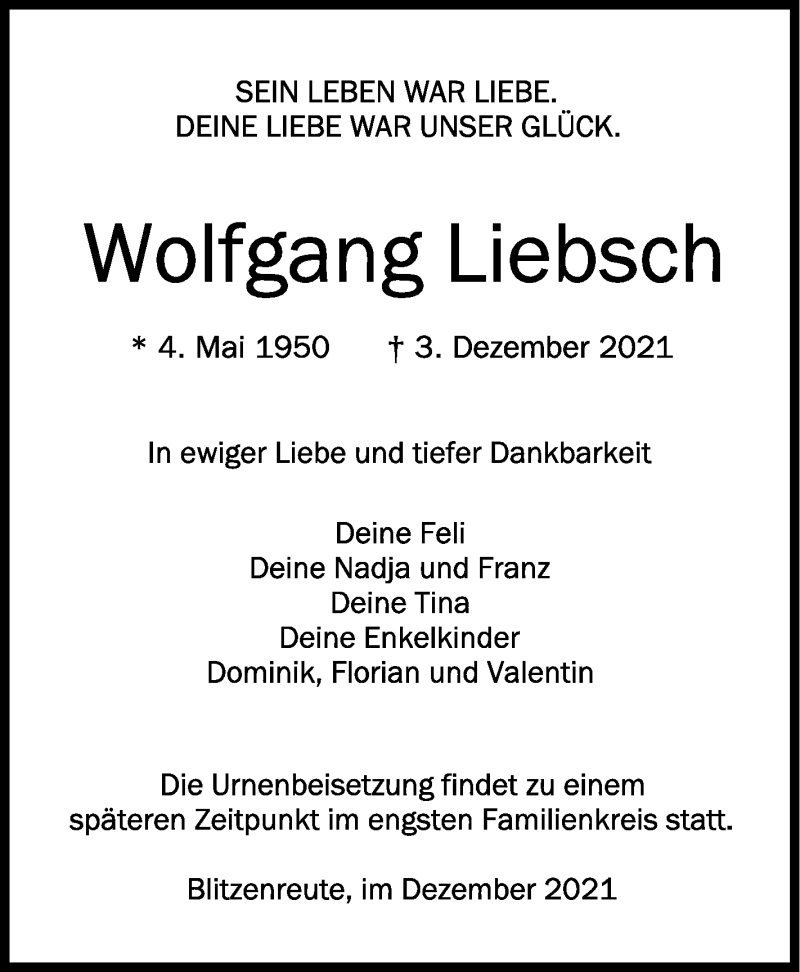  Traueranzeige für Wolfgang Liebsch vom 08.12.2021 aus Schwäbische Zeitung