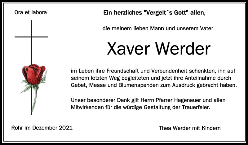  Traueranzeige für Xaver Werder vom 18.12.2021 aus Schwäbische Zeitung
