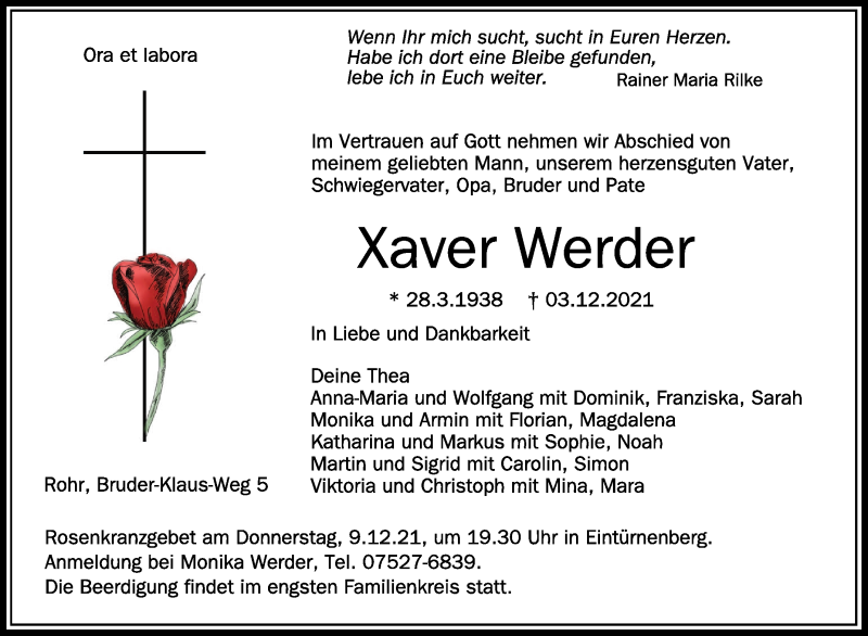  Traueranzeige für Xaver Werder vom 08.12.2021 aus Schwäbische Zeitung
