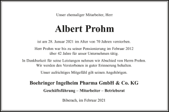 Anzeige von Albert Prohm von Schwäbische Zeitung