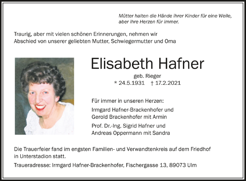 Traueranzeigen von Elisabeth Hafner | schwaebische.de Trauerportal