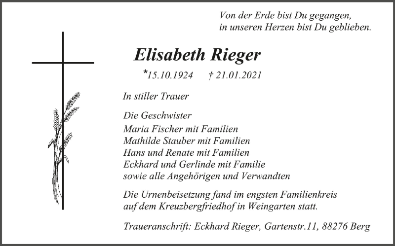 Traueranzeigen von Elisabeth Rieger | schwaebische.de Trauerportal