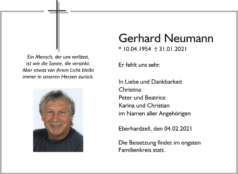  Traueranzeige für Gerhard Neumann vom 04.02.2021 aus Schwäbische Zeitung