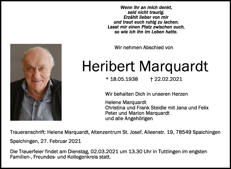  Traueranzeige für Heribert Marquardt vom 27.02.2021 aus Schwäbische Zeitung