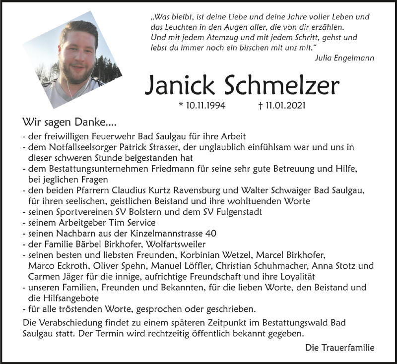  Traueranzeige für Janick Schmelzer vom 20.02.2021 aus Schwäbische Zeitung