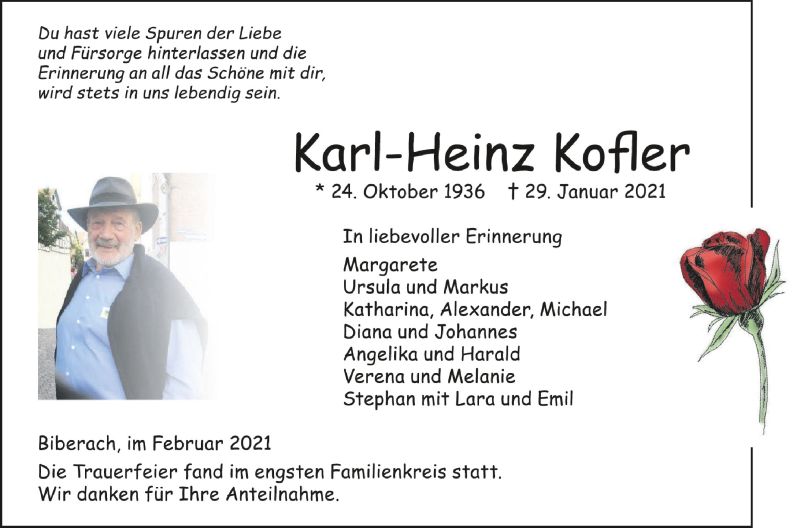  Traueranzeige für Karl-Heinz Kofler vom 05.02.2021 aus Schwäbische Zeitung