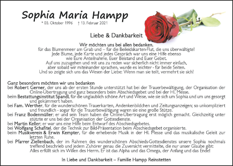  Traueranzeige für Sophia Maria Hampp vom 27.02.2021 aus Schwäbische Zeitung