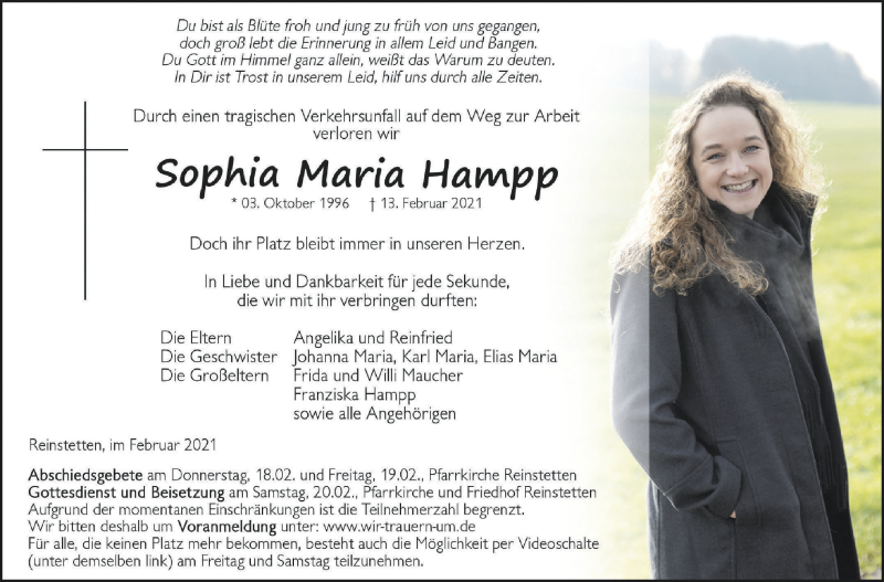  Traueranzeige für Sophia Maria Hampp vom 18.02.2021 aus Schwäbische Zeitung
