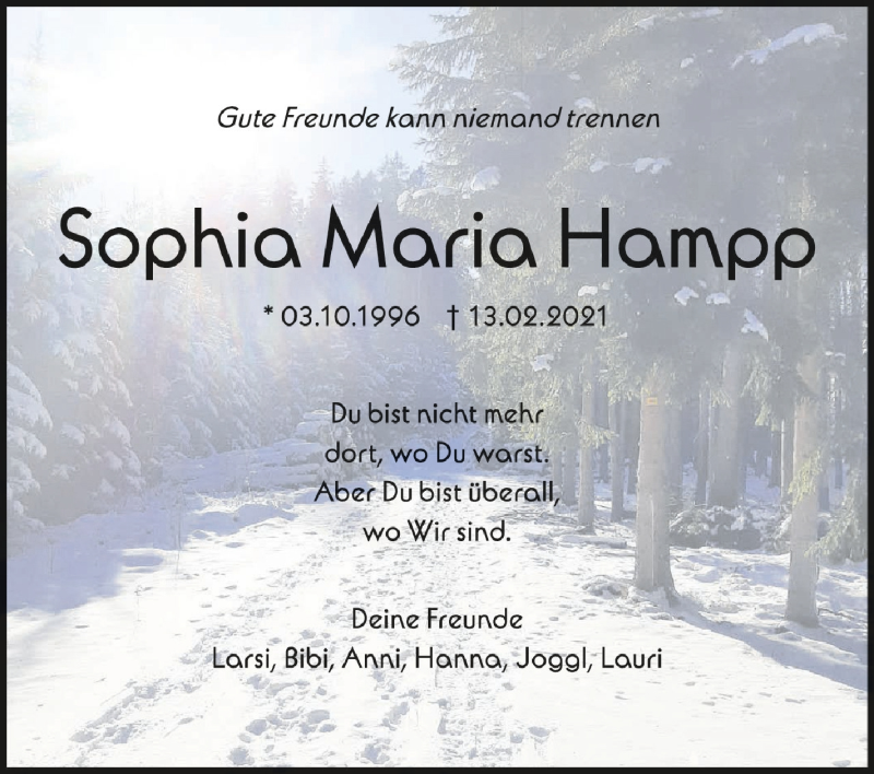  Traueranzeige für Sophia Maria Hampp vom 22.02.2021 aus Schwäbische Zeitung