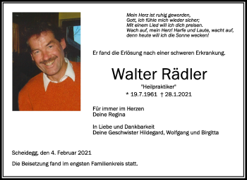 Anzeige von Walter Rädler von Schwäbische Zeitung