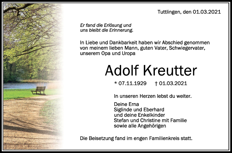  Traueranzeige für Adolf Kreutter vom 13.03.2021 aus Schwäbische Zeitung