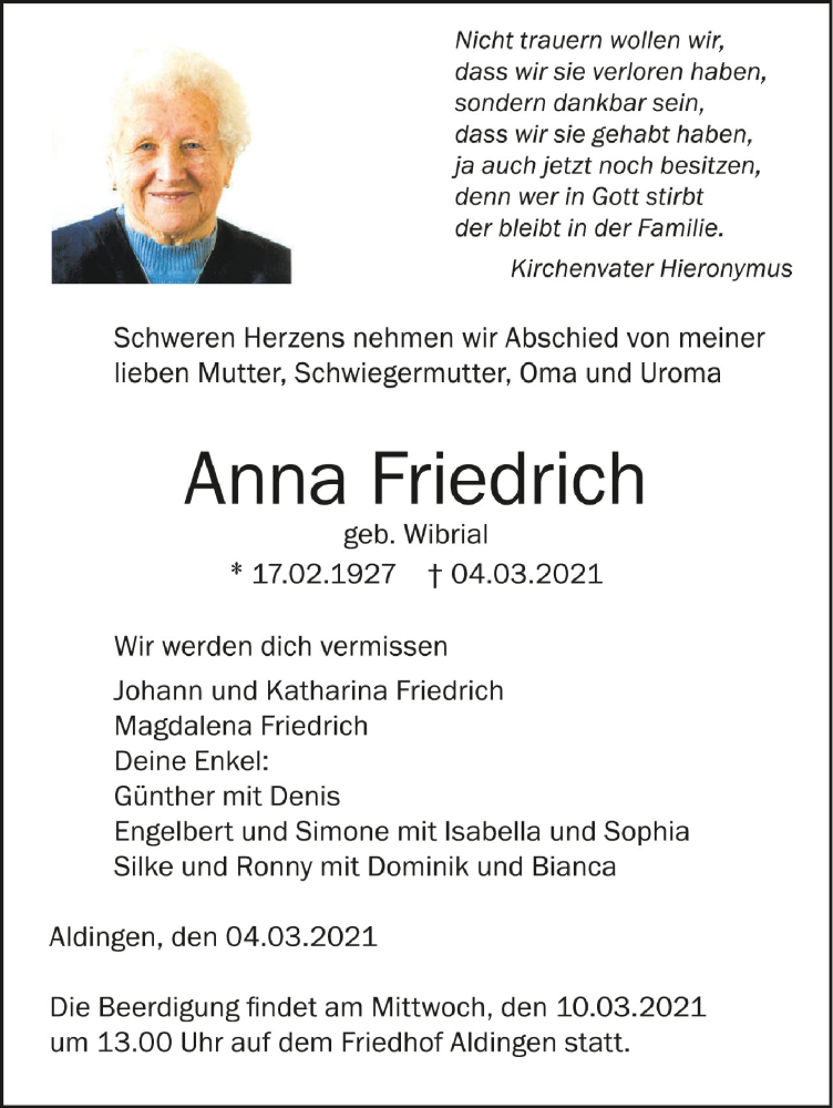  Traueranzeige für Anna Friedrich vom 08.03.2021 aus Schwäbische Zeitung