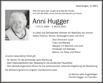 Anzeige von Anni Hugger von Schwäbische Zeitung