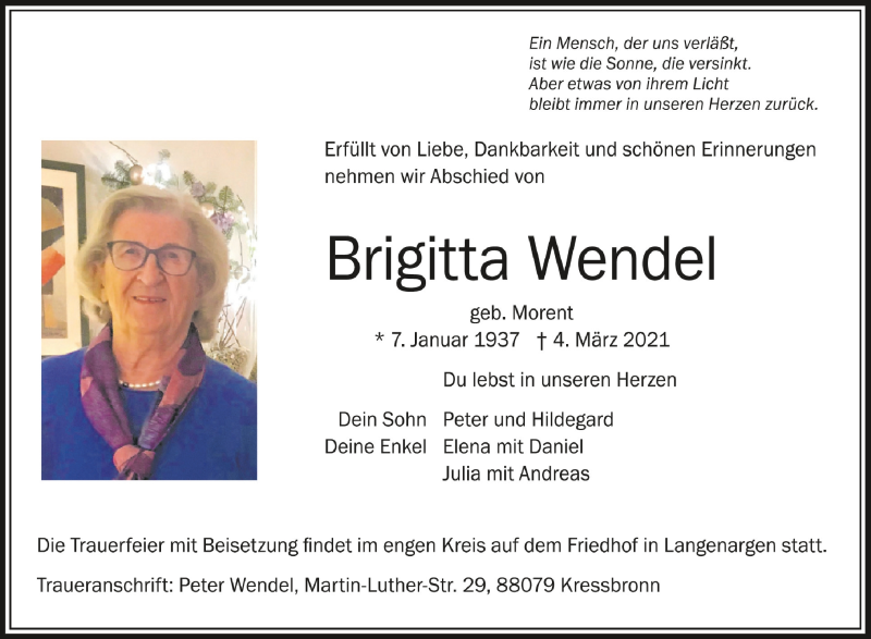  Traueranzeige für Brigitta Wendel vom 13.03.2021 aus Schwäbische Zeitung