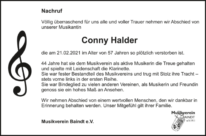  Traueranzeige für Cornelia Halder vom 06.03.2021 aus Schwäbische Zeitung