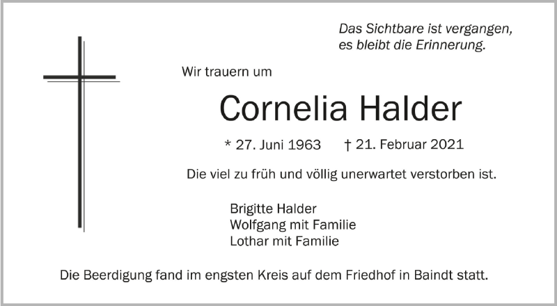  Traueranzeige für Cornelia Halder vom 03.03.2021 aus Schwäbische Zeitung