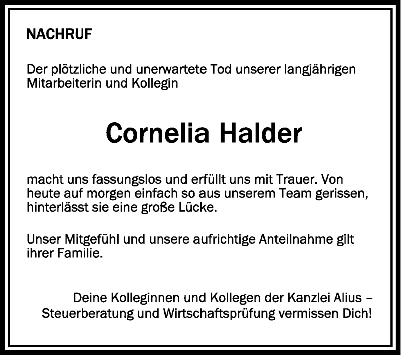  Traueranzeige für Cornelia Halder vom 03.03.2021 aus Schwäbische Zeitung