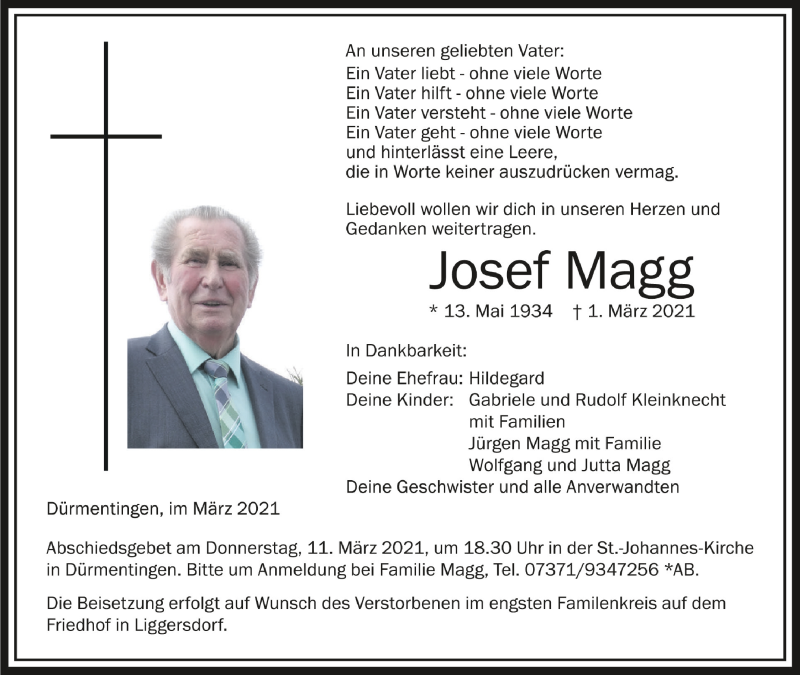  Traueranzeige für Josef Magg vom 08.03.2021 aus Schwäbische Zeitung