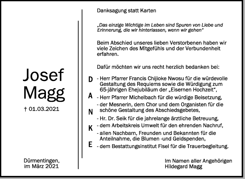  Traueranzeige für Josef Magg vom 26.03.2021 aus Schwäbische Zeitung
