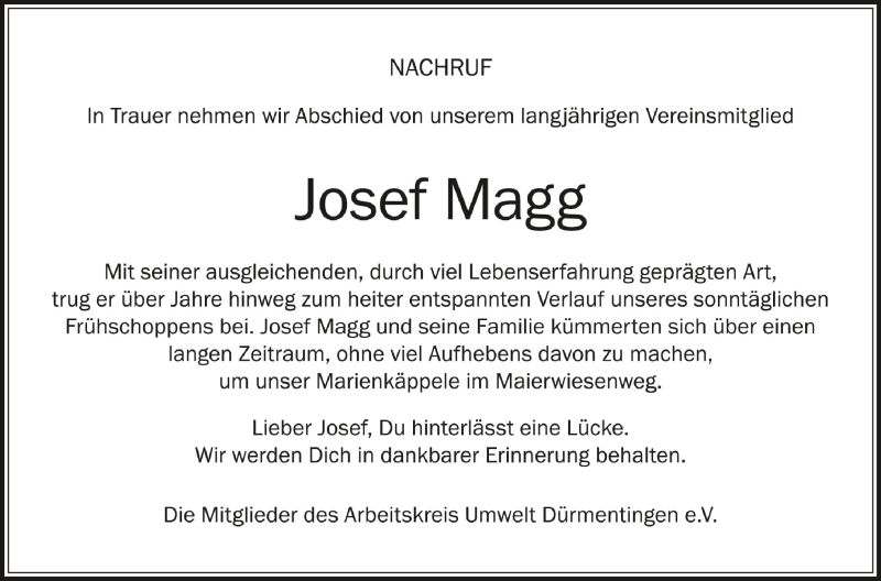  Traueranzeige für Josef Magg vom 13.03.2021 aus Schwäbische Zeitung