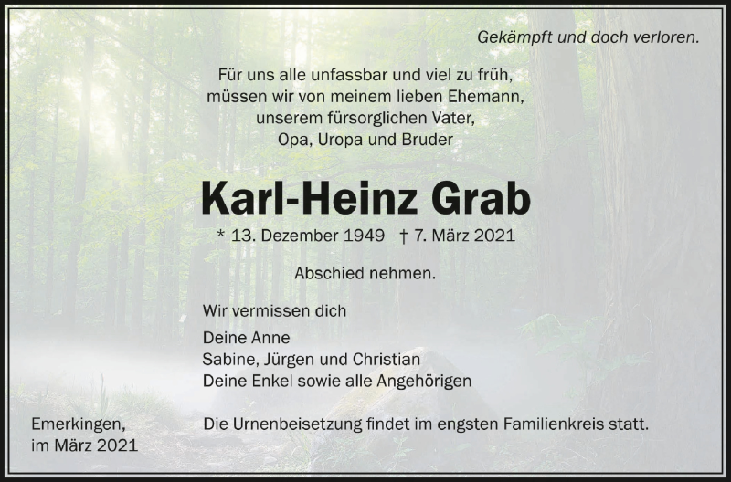  Traueranzeige für Karl-Heinz Grab vom 13.03.2021 aus Schwäbische Zeitung